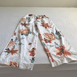 White Floral Split-Leg Drawstring Pants